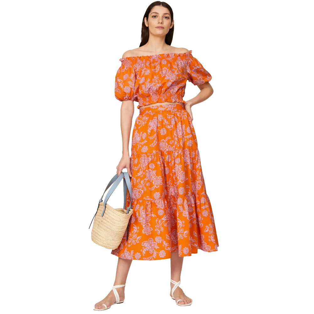 XIRENA Orange Pink Floral Smocked Off-Shoulder Crop Top & Tiered Maxi Skirt Set